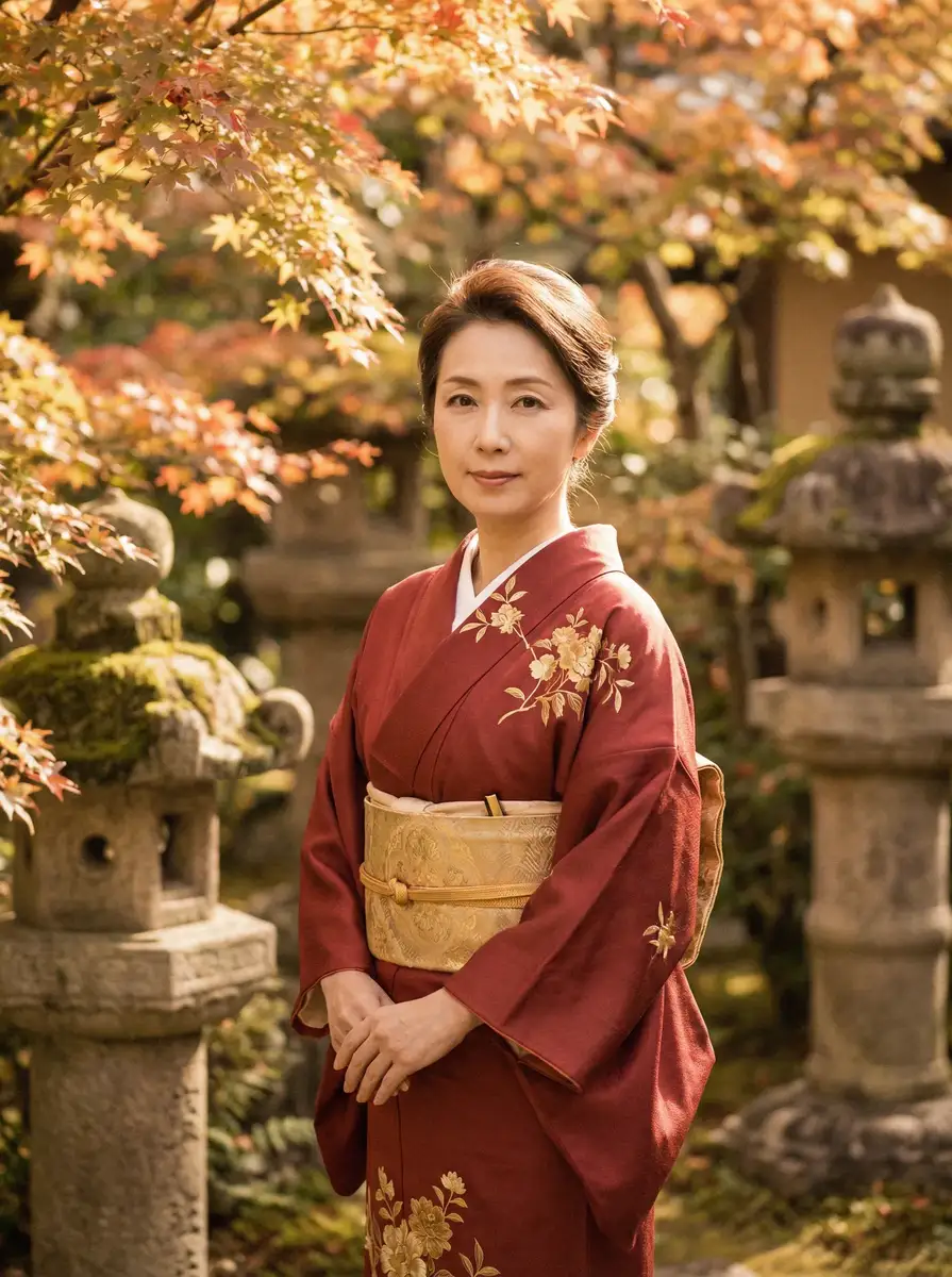 一位身穿暗红色和服的优雅 zuzazu 在日式庭院中